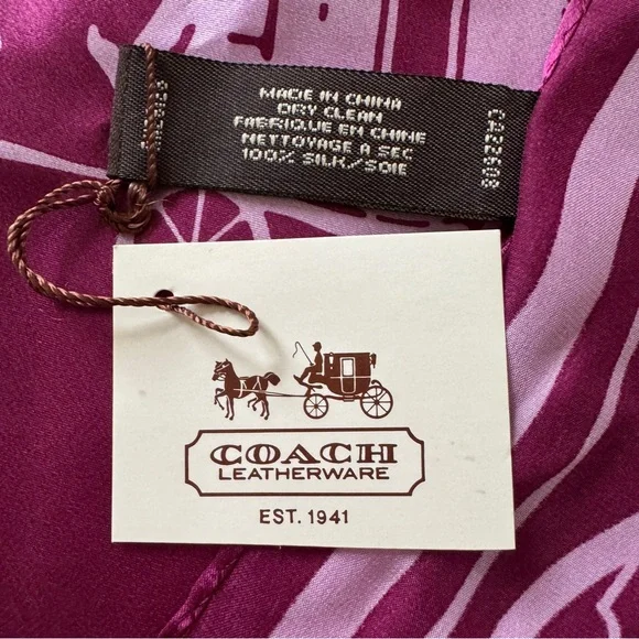 NWT Coach 100% Silk Scarf, Heritage Carriage Script, Purple - Picture 3 of 7